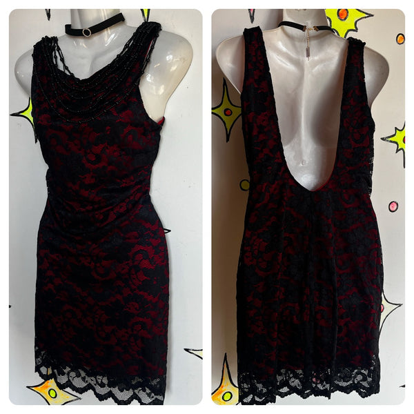 Vintage 90s Y2K | Black Red Lace Fairy Grunge Goth Cowl Neck Slip Dress | L