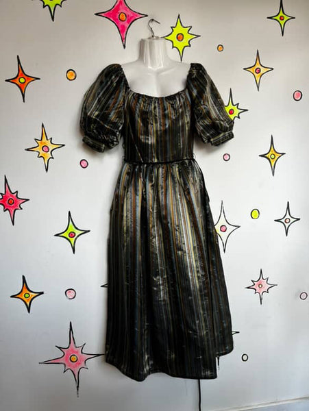 Vintage 80s Silver & Gold Poofy Princess Party Glam Prom Dress w Velvet Belt – S