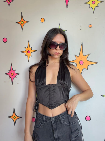 Y2K Black Lace Halter Corset Top Bustier Mall Goth Cyber Grunge Vamp S/M