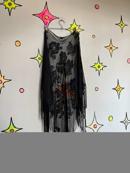 Vintage Sheer Black Fringe Shawl - Western Boho Grunge Witchy Goth Wrap Scarf