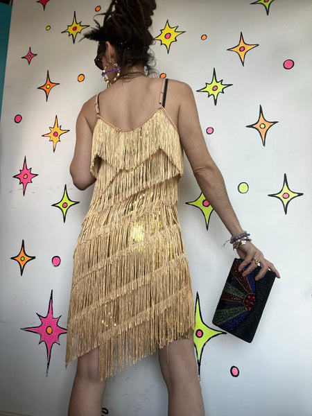 Vintage Gold Fringe Flapper Dress 20s Gatsby Party Mini 60s GoGo Disco Costume M