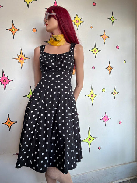 80s 90s Black & White Polka Dot Dress Retro 50s Rockabilly Pin Up Preppy Goth 8