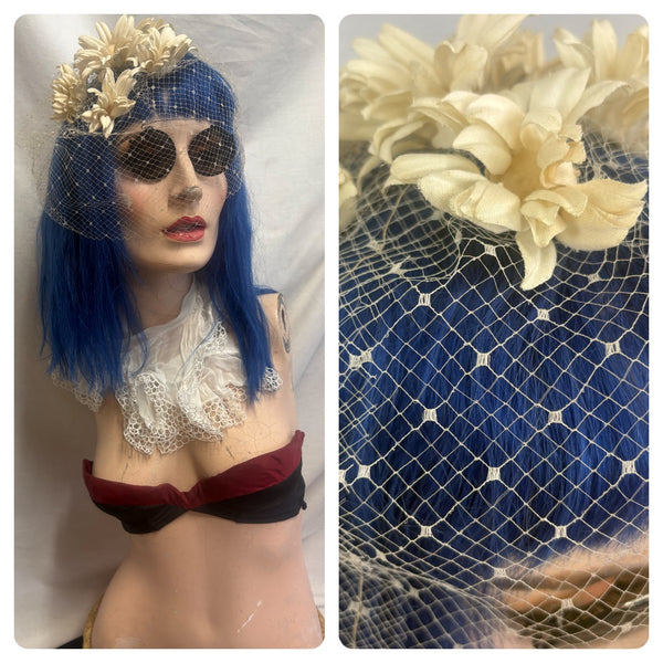 Vintage Creamy Off White Veil | 1940s–50s Mesh Floral Headpiece with Flowers