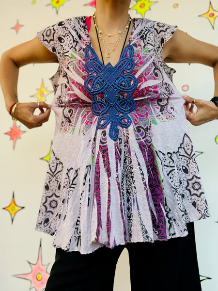 Vintage Y2K Purple Boho Grunge Fairy Crochet Embellished Tattoo Tee - Size M