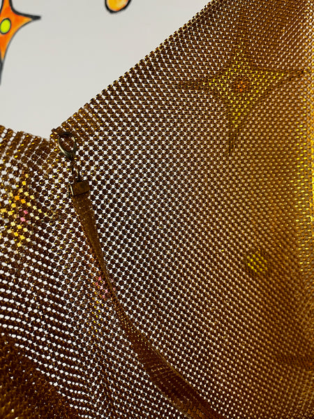 Glam Y2K Gold Disco Mesh Chainmail Mini Dress Fairy Grunge Clubwear NYE Party