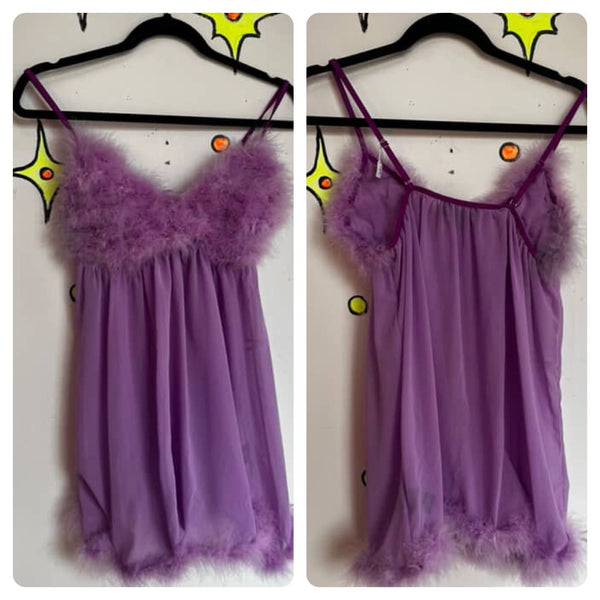 90's Pastel Lavender Ostrich Feather Nylon Mesh Peignoir Babydoll | Size L