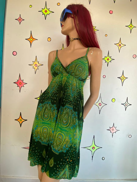 Boho Forest Green Paisley Fairy Slip Dress Whimsigoth Grunge Ethereal S