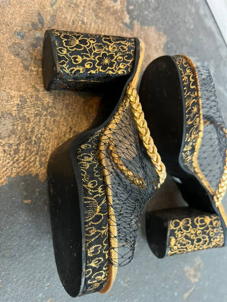 Vintage 40s Black Embellished Peeptoe Platform Heels - 40s Glam Shoes - 7 - 7.5