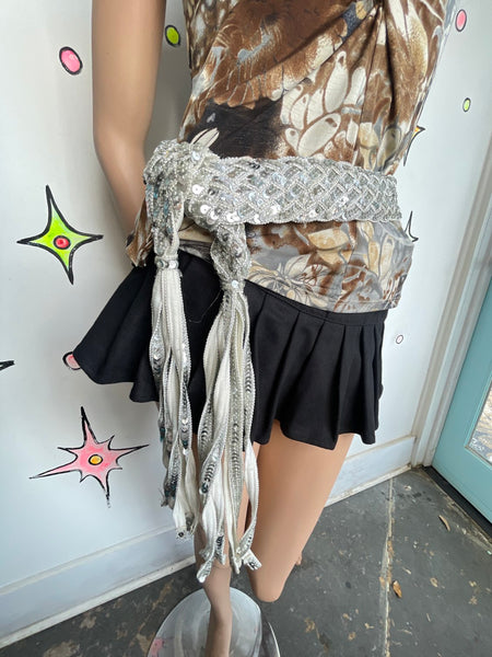 Y2K Metallic Silver Fringe Belt Western Glam Boho Disco Statement Sash / Scarf