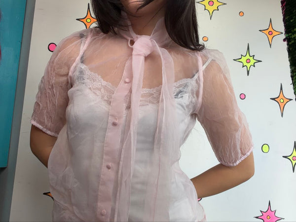 Pastel Pink Organza Sheer Bow Blouse Dollcore Victorian Balletcore Fairy Top M