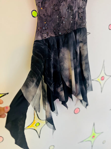 Y2K Glitter Asymmetric Fairy Whimsy Goth Handkerchief Hem Mini Skater Dress - S