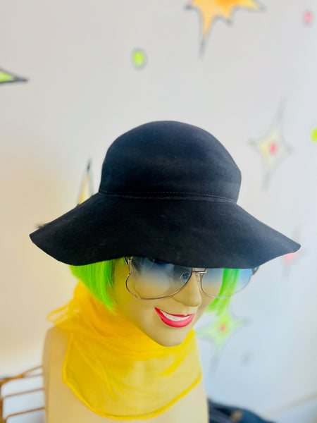 Vintage 50s Black Felt Goth Sun Hat | Wide Brim Witchy