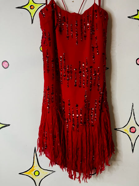 Vintage Red Fringe Flapper Christmas New Year Holiday Party Dress Sequin Glam XS