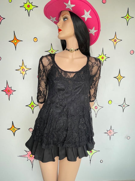 Y2K Black Lace Sheer Top | Whimsy Goth Y2K Babydoll Fairy Grunge Romantic S/M