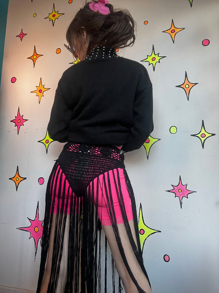 Black Crochet Fringe Shorts Y2K Festival Boho Rave Goth Maximalist Hot Pants S