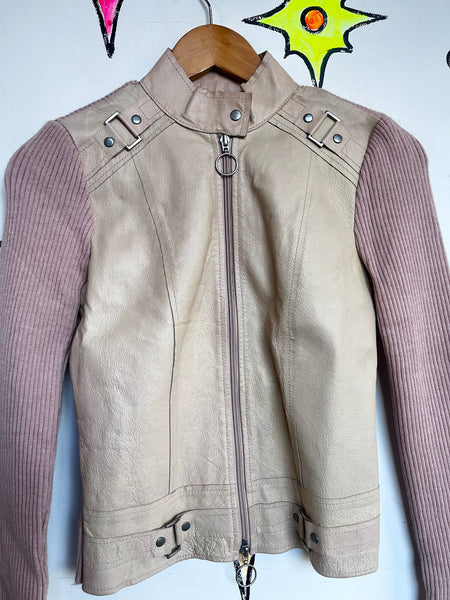 Y2K Pink Leather Jacket | Moto Rib Knit Hybrid Soft Grunge Fairy Ballet Core | S