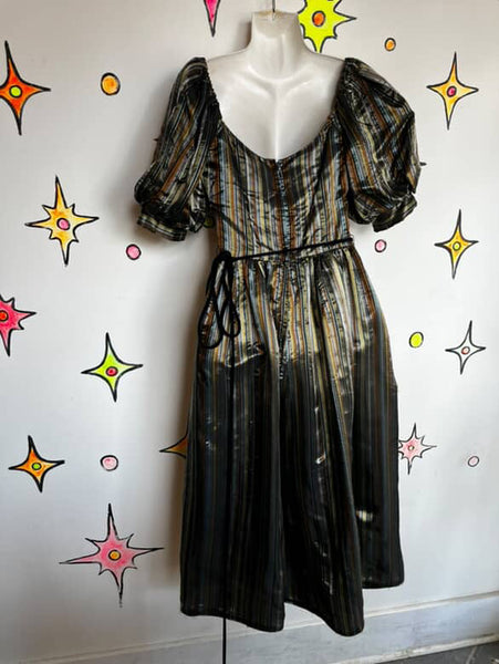 Vintage 80s Silver & Gold Poofy Princess Party Glam Prom Dress w Velvet Belt – S