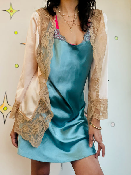 Vintage 70s Pink Lace Robe – Lingerie Nighty Boudoir Bed Jacket Babydoll S