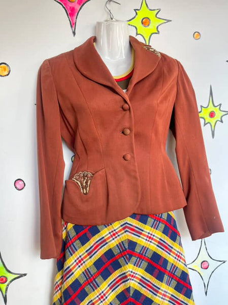 Vintage 1940s Earth Tones Embellished Beaded Blazer Vintage Juniors XS