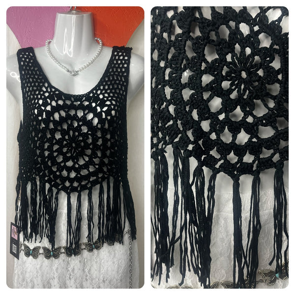 Y2K 60s 70s style | Black Crochet Fairy Grunge Whimsy Goth Boho Top | Free Size