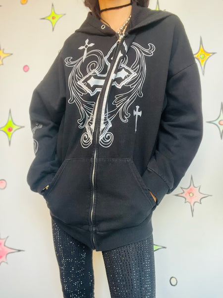 Vintage Y2K Black Mall Goth Grunge Fairy Tattoo Print Romantic Cross Hoodie XL+