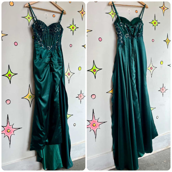 Y2K Teal Mermaid Formal Gown - Adjustable Corset Back Silky Prom Dress Sz 3/4