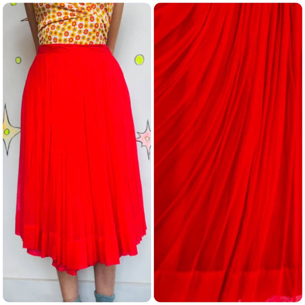 Vintage 50s 60s Bright Red Pleated Full Twirl Skirt Tulle Sheer Chiffon Layers S