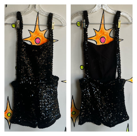 Vintage | Black Sequined Disco Show Girl Costume Romper Playsuit | One Size