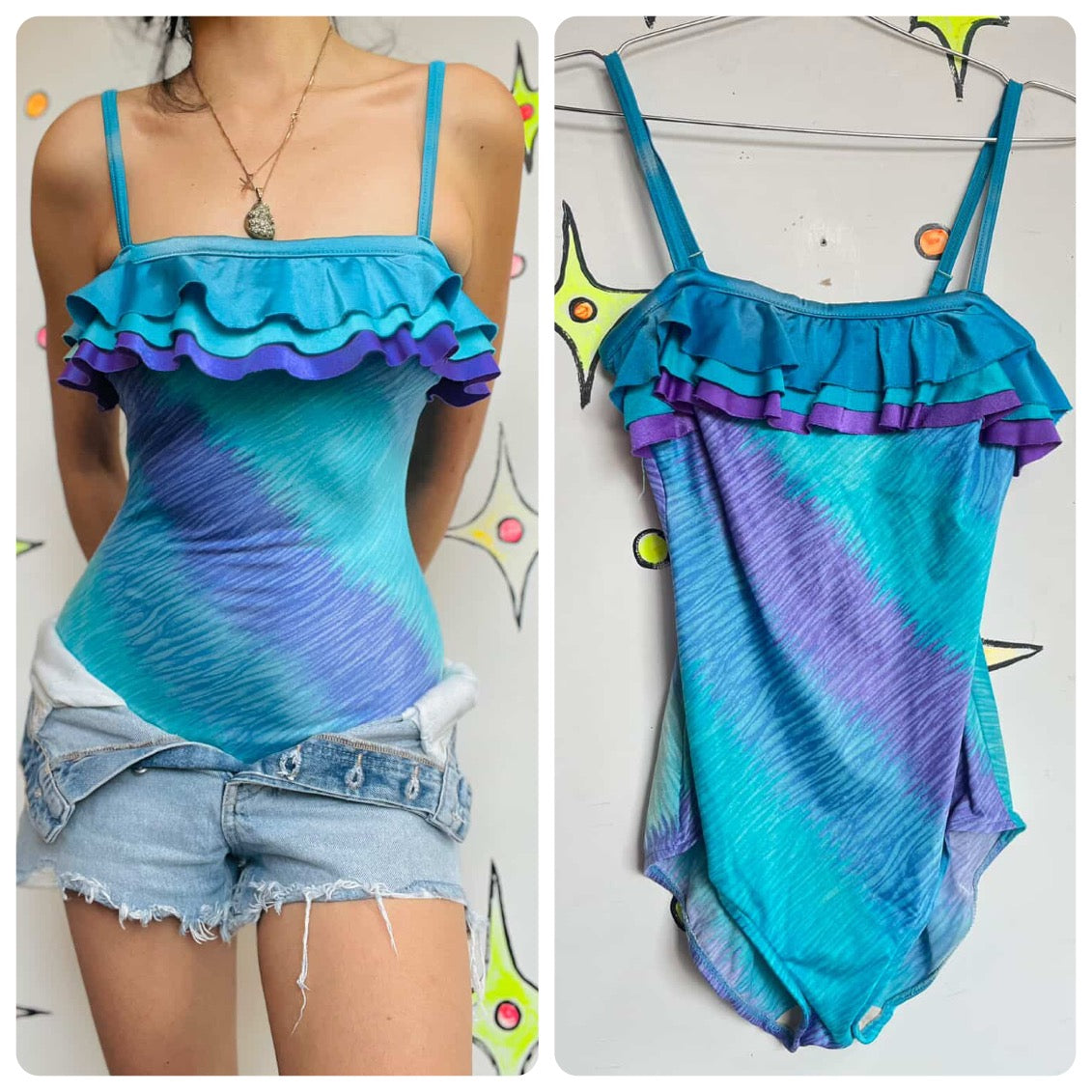 Vintage 70s/80s Ruffle Mermaid Fairy Grunge One-Piece Swimsuit / Bodysuit – S