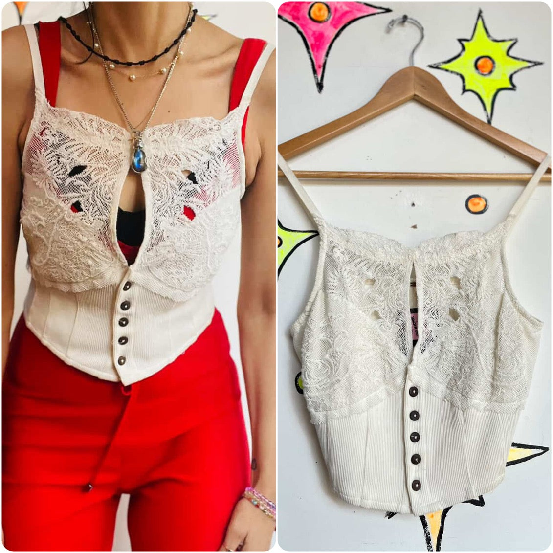 Y2K Off White Knit Lace Cami by Free People - Fairy Grunge Boho Witchy Top - S