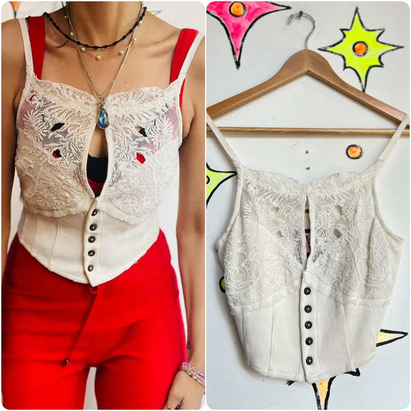 Y2K Off White Knit Lace Cami by Free People - Fairy Grunge Boho Witchy Top - S
