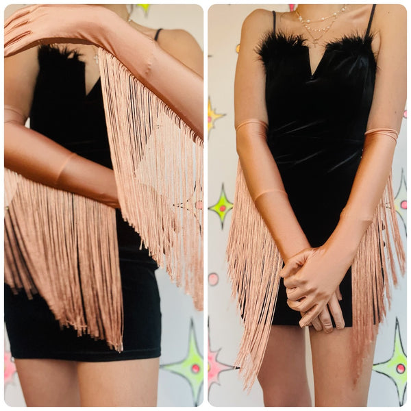 Vintage Western Glam Satin Fringe Opera Gloves Gold Peach S/M