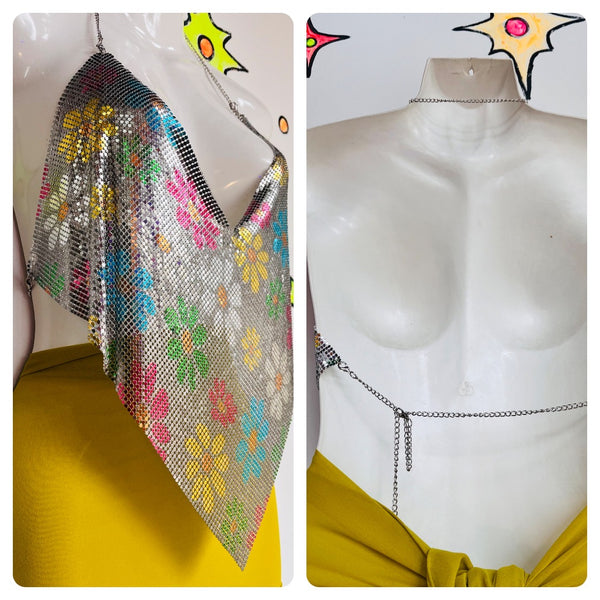 Y2K 2000s | Silver Disco Rave Fairy Grunge Mesh Chainmail Halter Top | One Size
