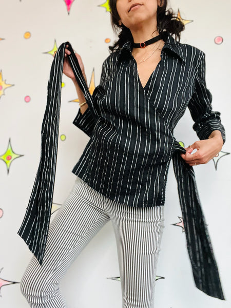 Vintage Y2K Black Pinstripe Wrap Top - Dark Academia Preppy Goth Office Siren M