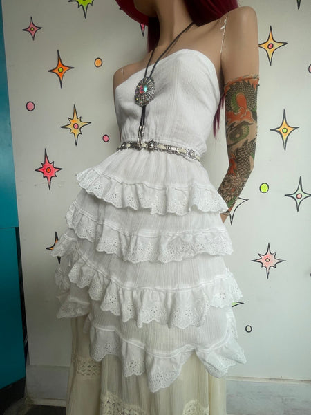 White Ruffle Babydoll Cotton Dress Western Whimsy Fairy Dollcore Coquette L