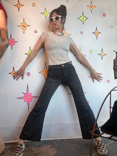 Y2K Pinstripe Mall Goth Pants Low Rise Buckle Punk Grunge Trousers S/M