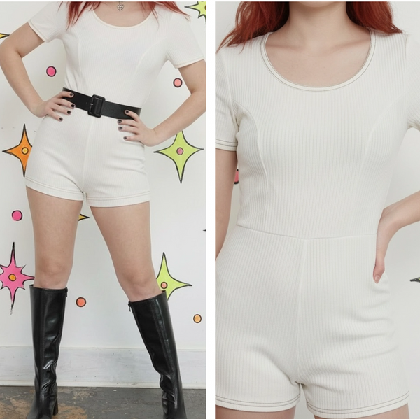 Vintage 60s–70s White Ribbed Go-Go Mod Romper | Groovy Mini Playsuit | XS