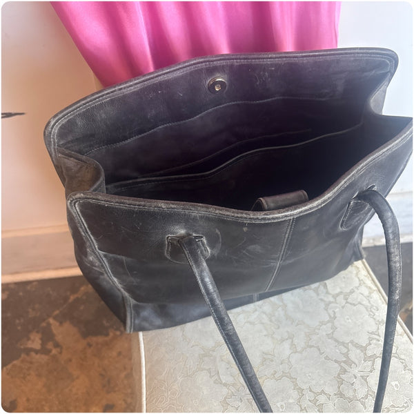 Vintage Large Coach Black Leather Tote – Classic Designer Shoulder Bag – Rare