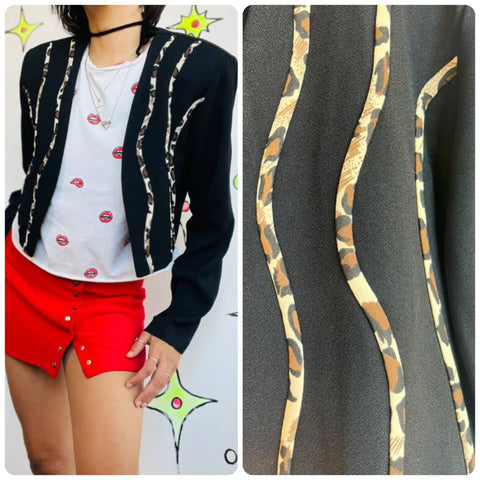 Vintage 80s–90s Black Cropped Blazer with Leopard Stripes Grunge Goth Punk Small