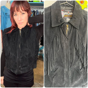 Vintage 80s 90s | Black Suede Leather Fringe Vest Cowgirl Biker Punk Western | M