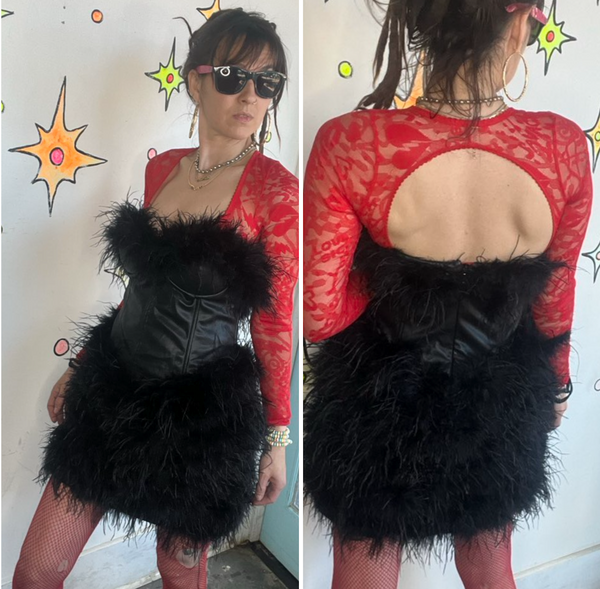 Black Feather Bustier Dress Party Mini Feather Trim Pleather Glam Night Out M/L
