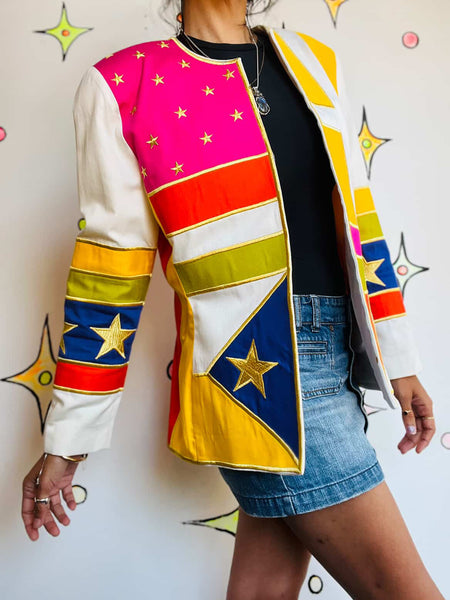 Vintage 80s 90s IBE Wearable Art Rainbow Blazer w Gold Stars - Patchwork – Sz 8