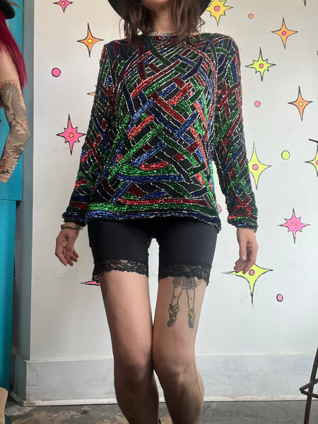 80s Rainbow Beaded Silk Top Art Deco Glam Disco Luxe Vegas Party Blouse S/M