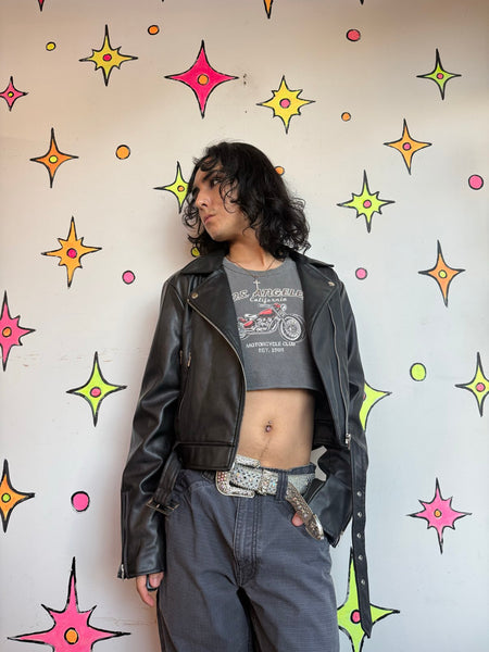 Y2K Black Vegan Leather Moto Jacket Grunge Goth Rocker Biker Jacket M