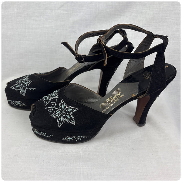 Vintage 1940s Black Embellished Peeptoe Platform Heels Designer Shoes - 7 - 7.5
