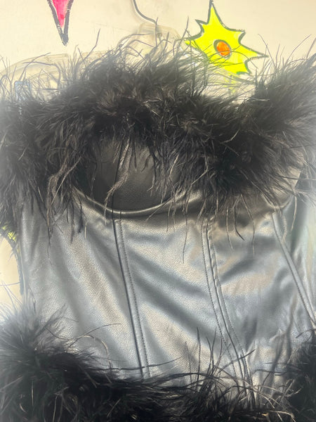Black Feather Bustier Dress Party Mini Feather Trim Pleather Glam Night Out M/L