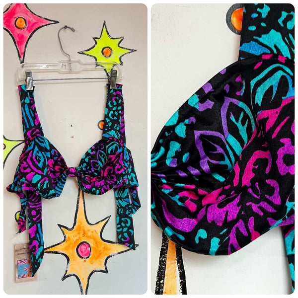 Vintage 80s 90s | Rainbow Neon Abstract Adjustable Swimsuit Bikini Top | 10 M