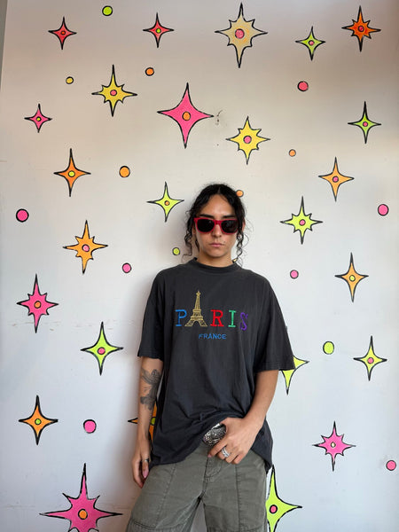 90s Paris France Embroidered Souvenir Tee Rainbow Eiffel Tower Pride T-Shirt L