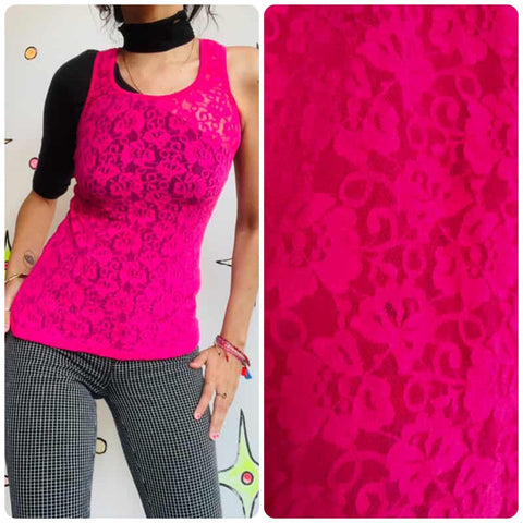 Vintage 90s | Hot Pink Lace Sheer Coquette Fairy Grunge Camisol Blouse Top | S M