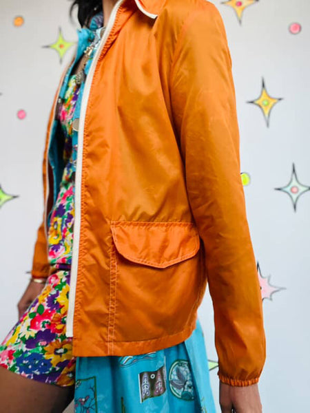 Vintage 60s 70s Groovy MOD Grunge Orange Retro Sporty Nylon Windbreaker Jacket S